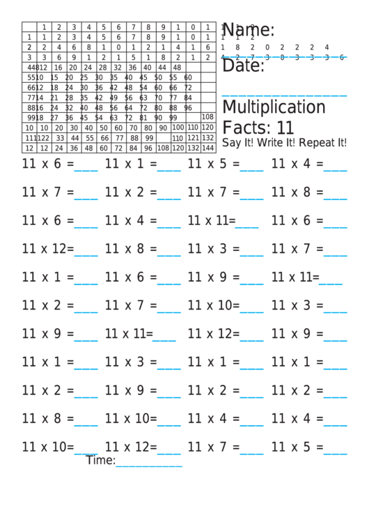 Multiplication 11x Worksheet Printable pdf
