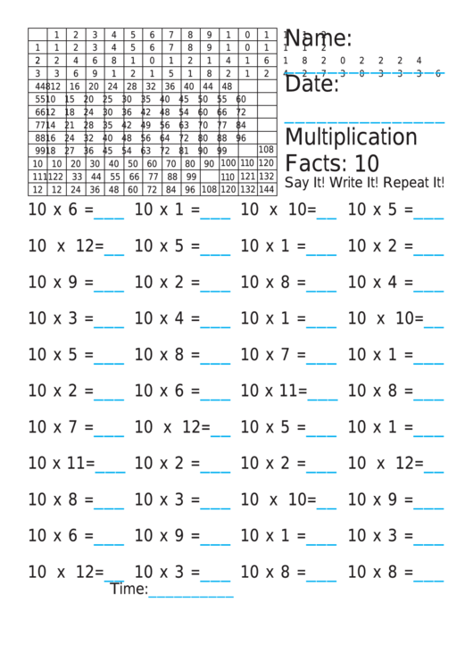 Multiplication 10x Worksheet Printable pdf
