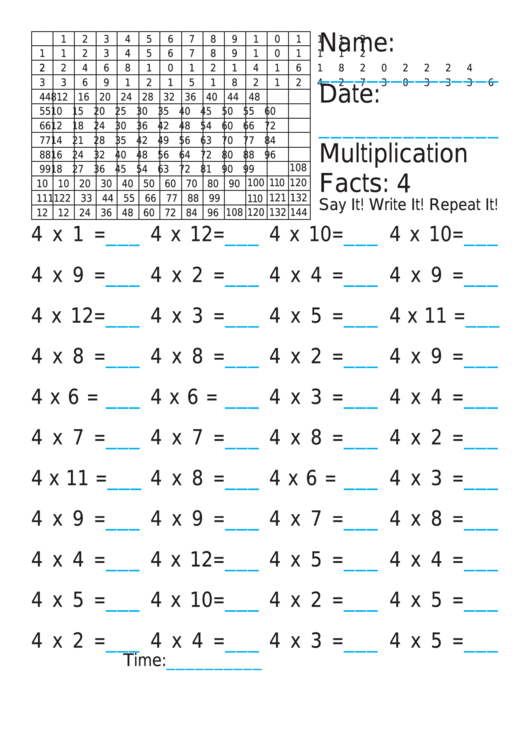 Multiplication 4x Worksheet printable pdf download