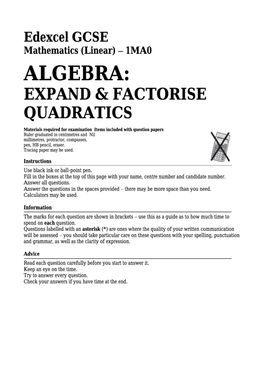 Edexcel Gcse Mathematics (linear) - Algebra: Expand & Factorise Quadratics