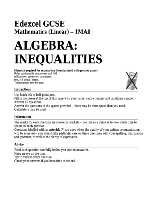 Edexcel Gcse Mathematics (Linear) - Algebra: Inequalities Printable pdf