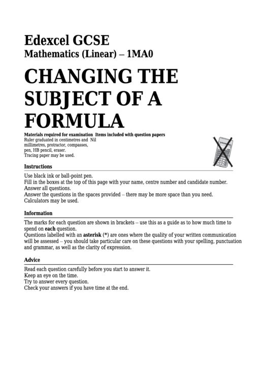 Edexcel Gcse Mathematics (Linear) - Changing The Subject Of A Formula Printable pdf