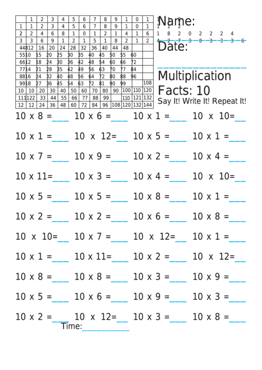 Multiplication 10x Worksheet Printable pdf