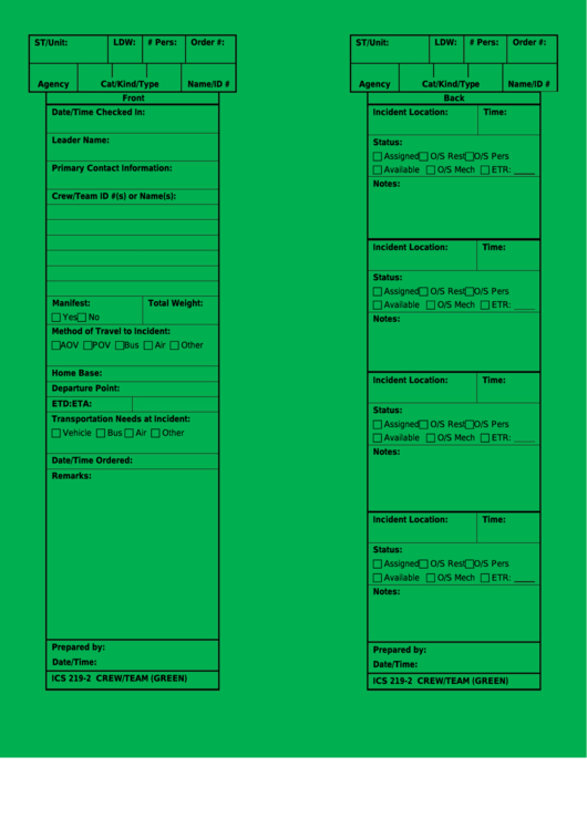 Fillable Ics Form 219-2 - Crew/team Card Printable pdf