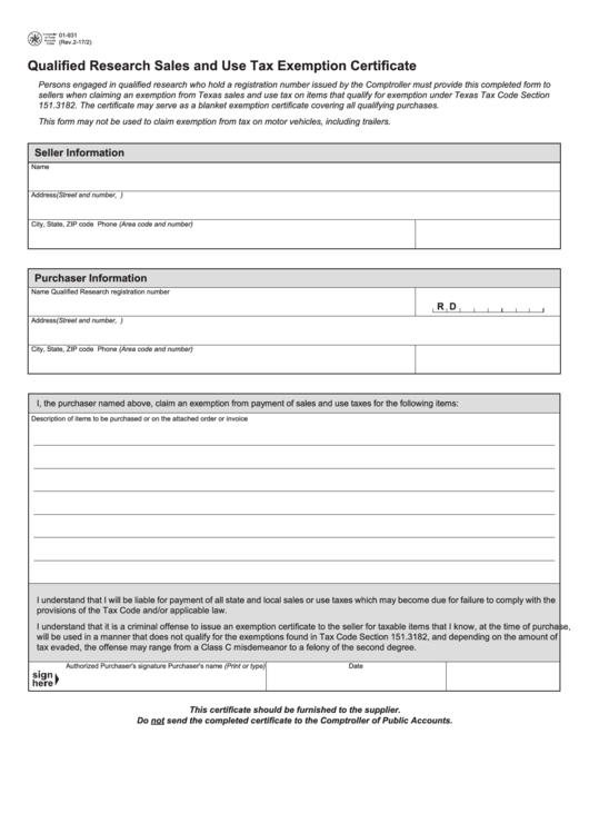 Fillable Form 01-931 - Qualified Research Sales And Use Tax Exemption Certificate Printable pdf