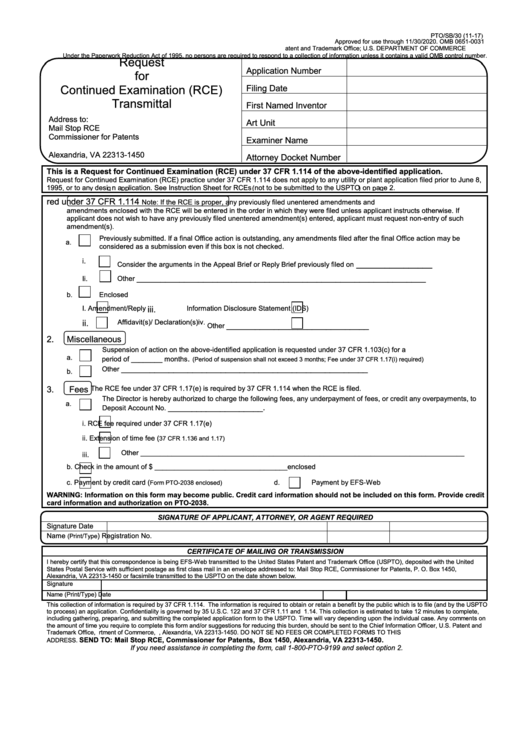 Fillable Form Pto/sb/30 - Request For Continued Examination (Rce) Transmittal Printable pdf