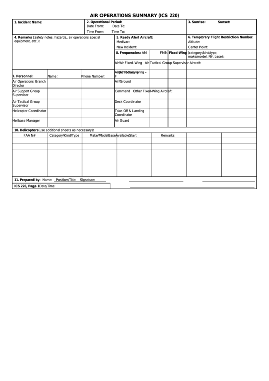Fillable Ics Form 220 - Air Operations Summary Printable pdf