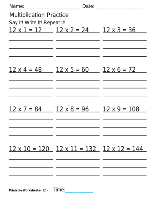 Multiplication Practice 12x Worksheet Printable pdf