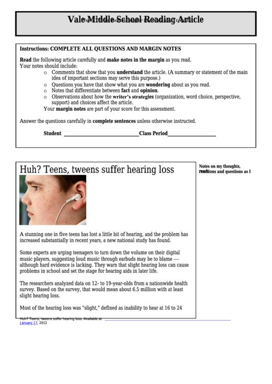 Huh Teens, Tweens Suffer Hearing Loss (1180l) - Middle School Reading Article Worksheet Printable pdf