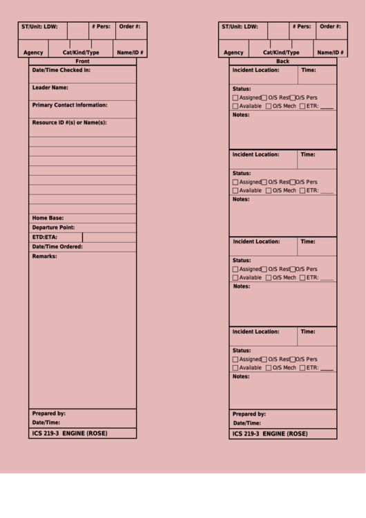 Fillable Ics Form 219-3 - Engine Card Printable pdf