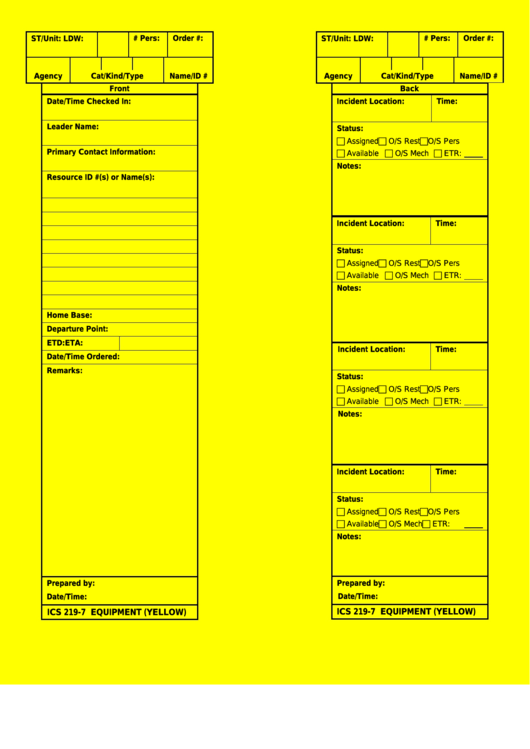 Fillable Ics Form 219-7 - Equipment Card Printable pdf