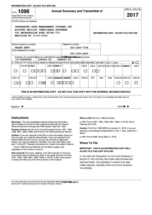 Form 1096 - Annual Summary And Transmittal Of U.s. Information Returns - 2017 Printable pdf