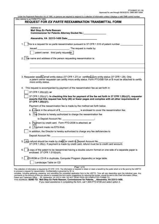 Fillable Form Pto/sb/57 - Request For Ex Parte Reexamination Transmittal Form Printable pdf