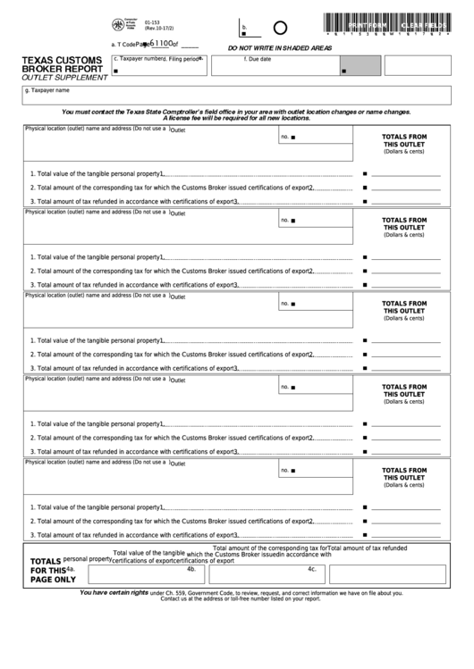 Fillable Form 01-153 - Texas Customs Broker Report - Outlet Supplement Printable pdf