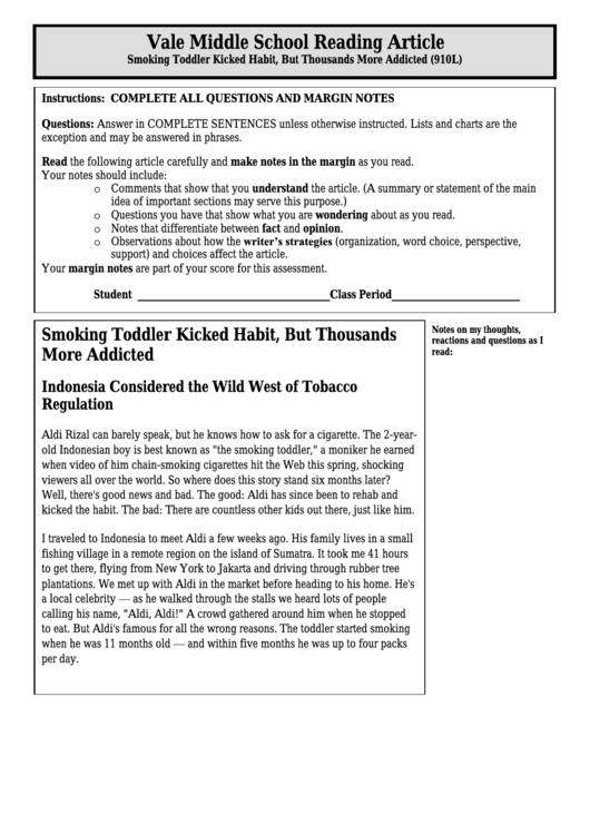 Smoking Toddler Kicked Habit, But Thousands More Addicted (910l) - Middle School Reading Article Worksheet Printable pdf