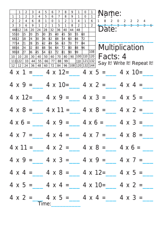 Multiplication 4x Worksheet Printable pdf