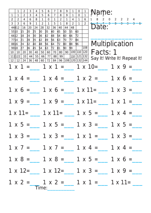 Multiplication 1x Worksheet