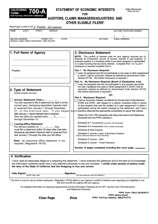 Fillable Form 700-A - California Statement Of Economic Interests For Auditors, Claims Managers/adjusters, And Other Eligible Filers - Fair Political Practices Commission Printable pdf