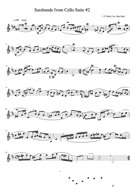 J. S. Bach - Sarabande From Cello Suite No. 2 Sheet Music Printable pdf