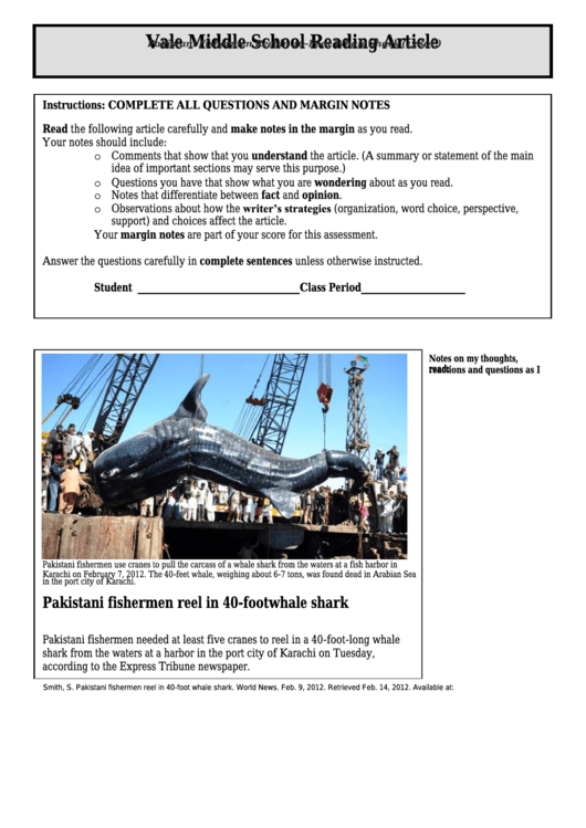 Pakistani Fishermen Reel In 40-Foot Whale Shark (1380l) - Middle School Reading Article Worksheet Printable pdf