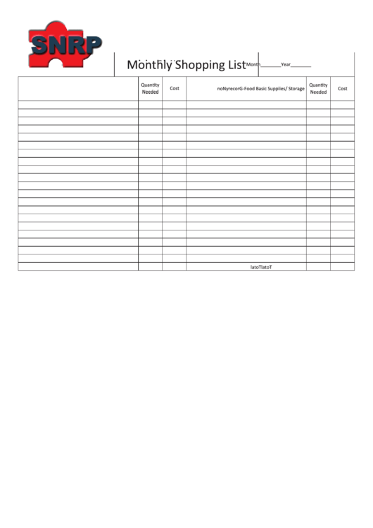 Monthly Shopping List Template Printable pdf