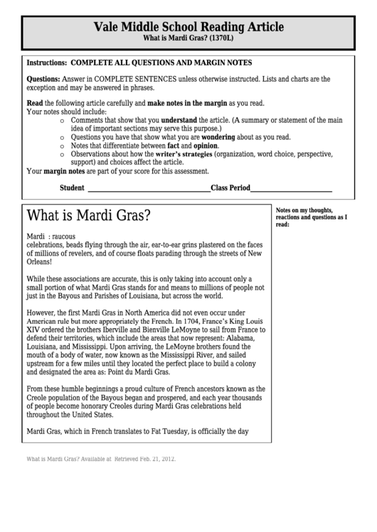 What Is Mardi Gras (1370l) - Middle School Reading Article Worksheet Printable pdf