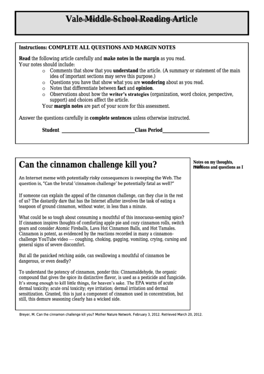Can The Cinnamon Challenge Kill You (1080l) - Middle School Reading Article Worksheet Printable pdf