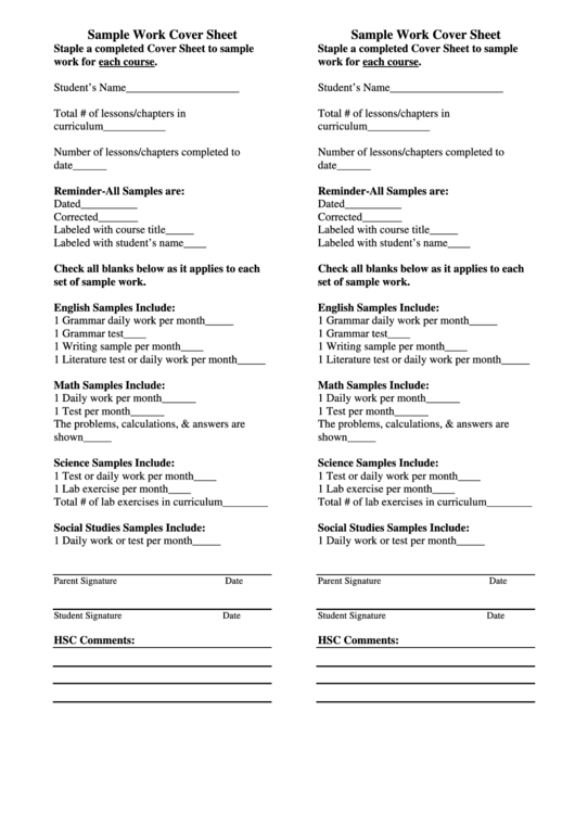 Student Sample Work Cover Sheet Template Printable pdf