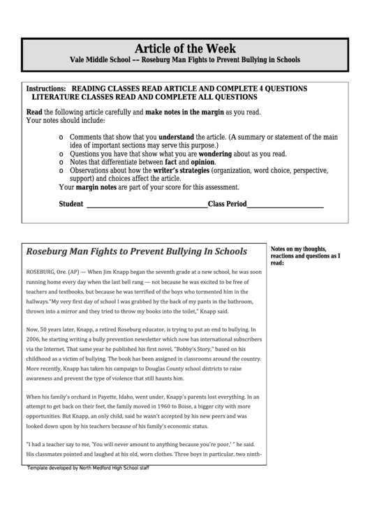 Roseburg Man Fights To Prevent Bullying In Schools - Middle School Article Of The Week Worksheet Printable pdf
