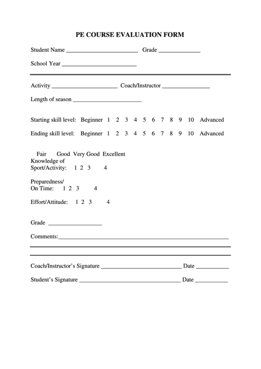 Pe Course Evaluation Form Printable pdf