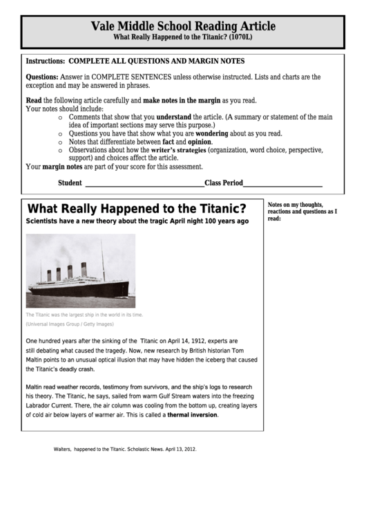 What Really Happened To The Titanic (1070l) - Middle School Reading Article Worksheet Printable pdf