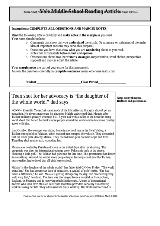 Teen Shot For Her Advocacy Is "The Daughter Of The Whole World," Dad Says (950l) - Middle School Reading Article Worksheet Printable pdf