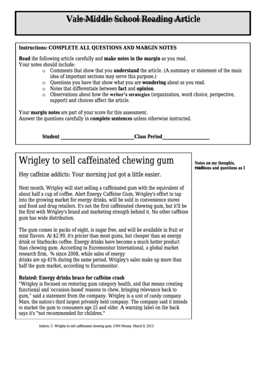 Wrigley To Sell Caffeinated Chewing Gum (1200l) - Middle School Reading Article Worksheet Printable pdf