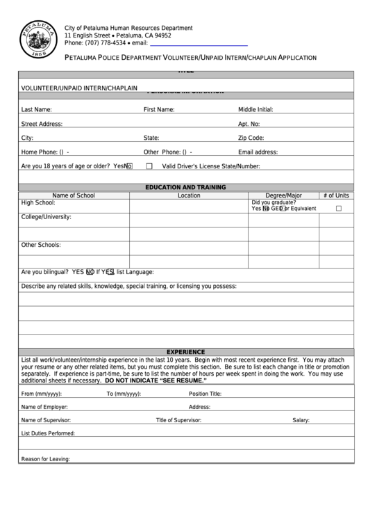 Volunteer/unpaid Intern/chaplain Application Form - Petaluma Police ...