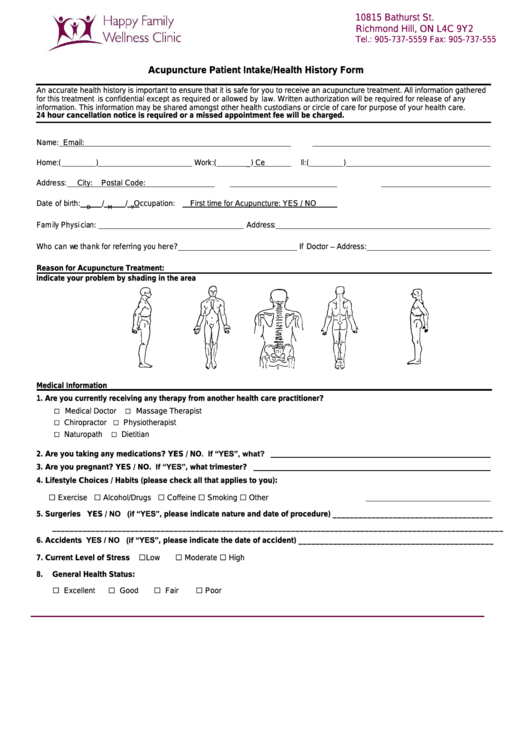 Acupuncture Patient Intake/health History Form Printable pdf