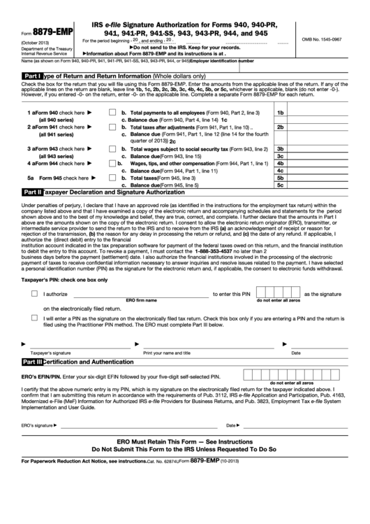 Fillable Form 8879-Emp - Irs E-File Signature Authorization For Forms 940, 940-Pr, 941, 941-Pr, 941-Ss, 943, 943-Pr, 944, And 945 Printable pdf