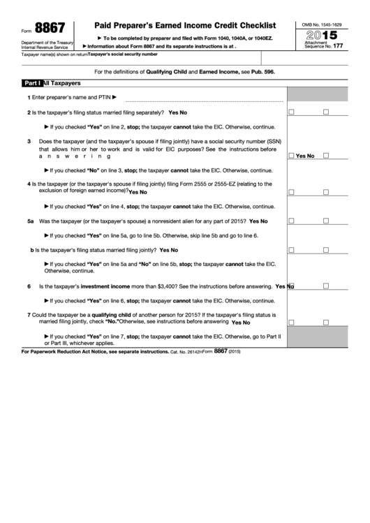 Form 8867 - Paid Preparer's Earned Income Credit Checklist - 2015