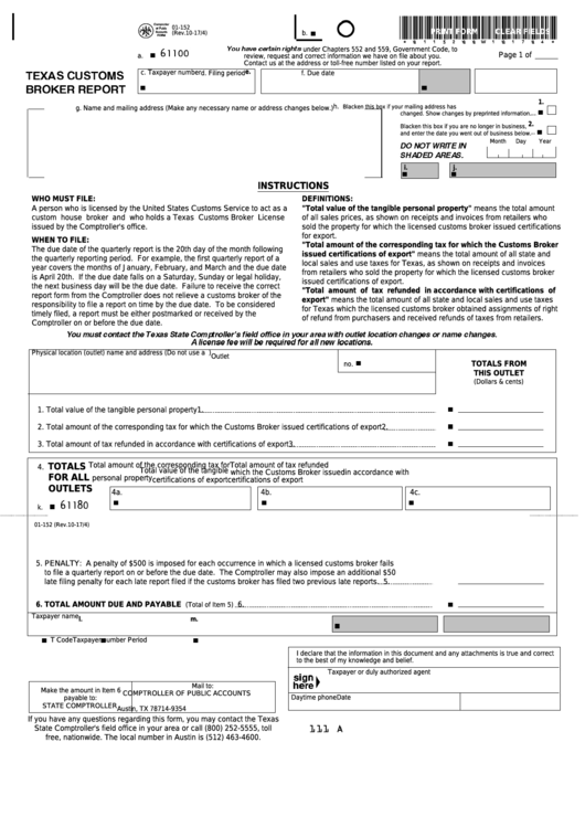 Fillable Form 01-152 - Texas Customs Broker Report Printable pdf