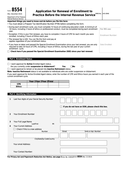 Form 8554 - Application For Renewal Of Enrollment To Practice Before The Internal Revenue Service Printable pdf