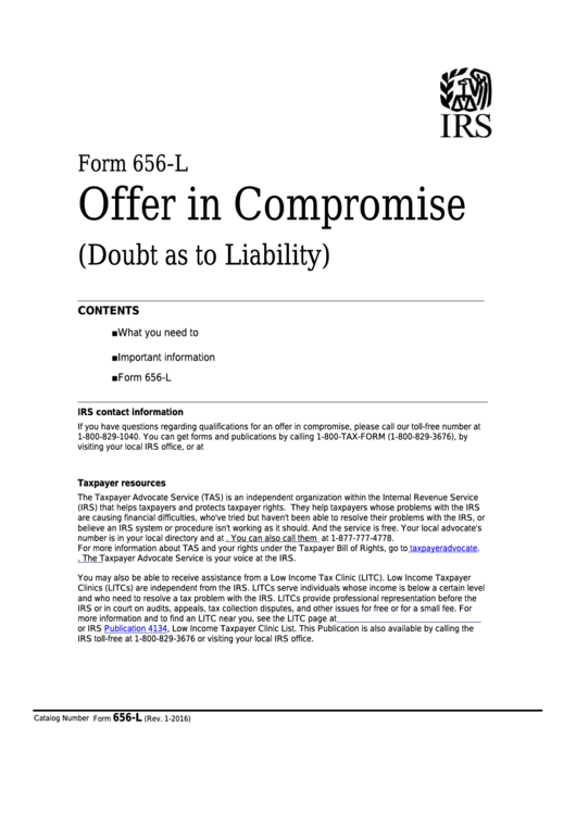 Fillable Form 656-L - Offer In Compromise Printable pdf