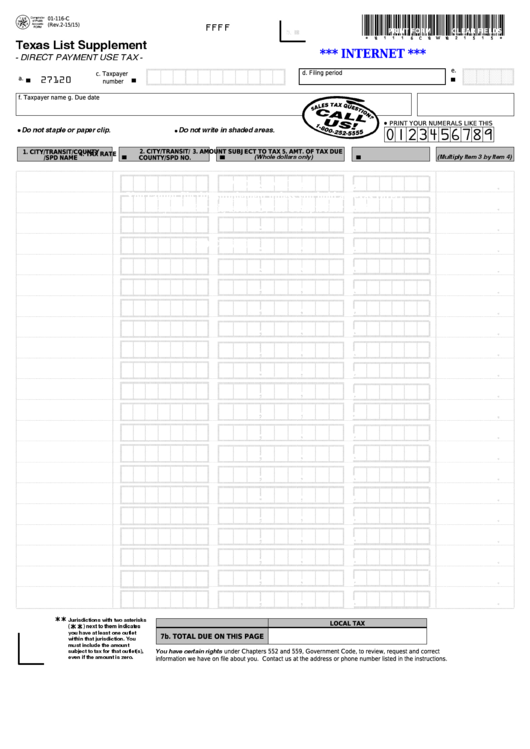 Fillable Form 01-116-C - Texas List Supplement - Direct Payment Use Tax Printable pdf