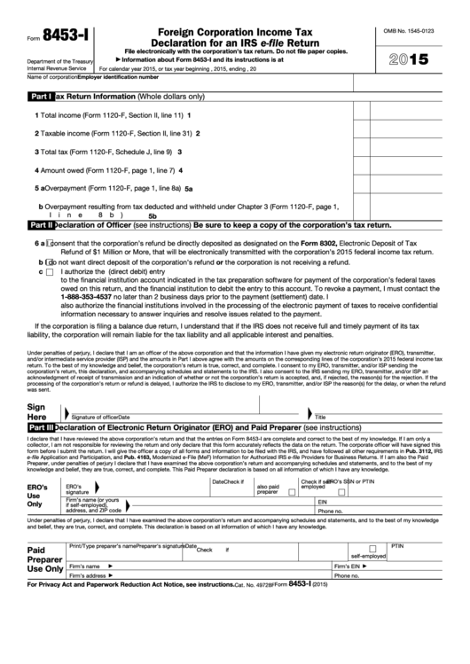 Fillable Form 8453-I - Foreign Corporation Income Tax Declaration For An Irs E-File Return - 2015 Printable pdf