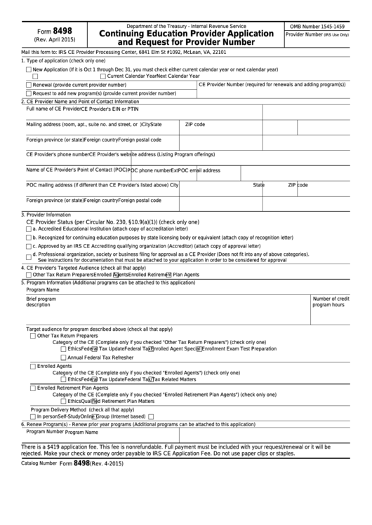 Fillable Form 8498 - Continuing Education Provider Application And Request For Provider Number Printable pdf