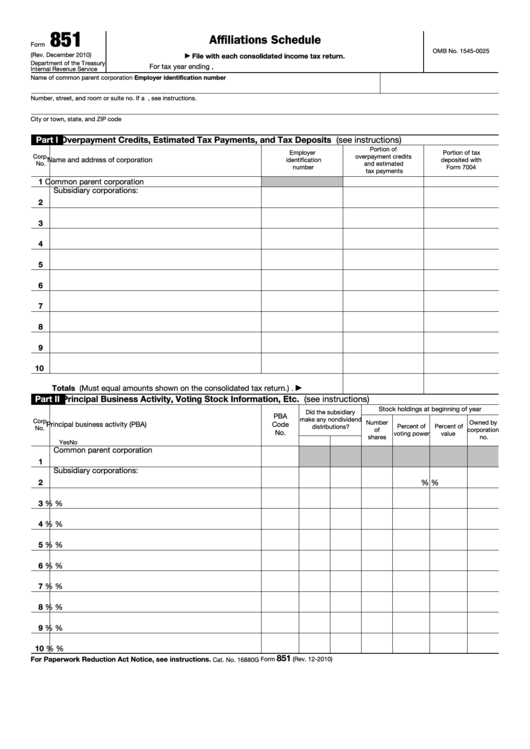 Fillable Form 851 - Affiliations Schedule Printable pdf