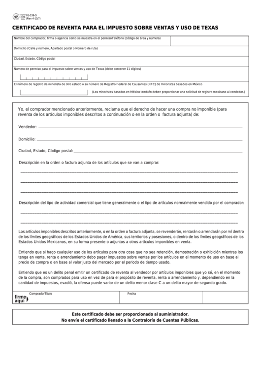 Fillable Form 01-339-S - Certificado De Reventa Para El Impuesto Sobre Las Ventas Y Uso De Texas Printable pdf