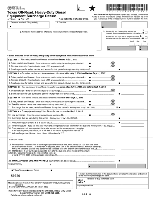 Fillable Form 01-142 - Texas Off-Road, Heavy Duty Diesel Equipment Surcharge Return Printable pdf