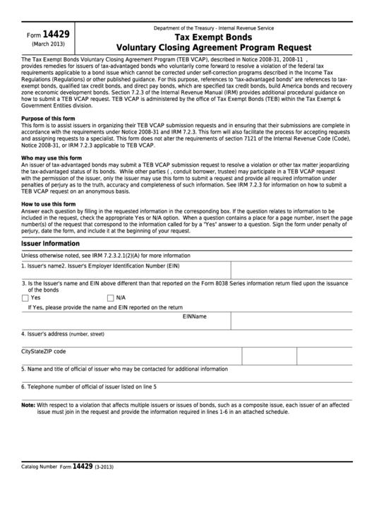 Fillable Form 14429 - Tax Exempt Bonds Voluntary Closing Agreement Program Request Printable pdf