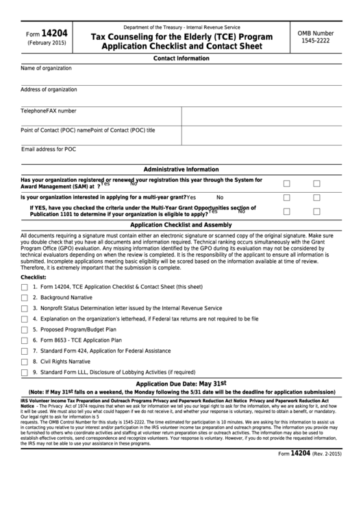 Fillable Form 14204 - Tax Counseling For The Elderly (Tce) Program Application Checklist And Contact Sheet Printable pdf