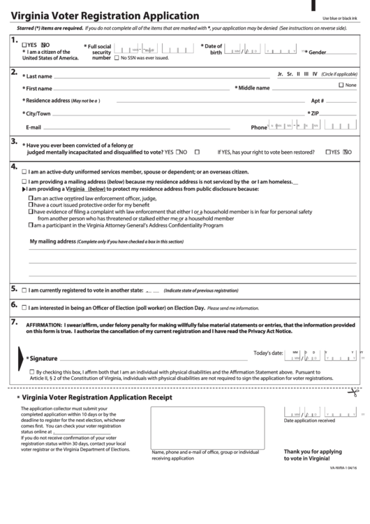 Form Va-Nvra-1 - Virginia Voter Registration Application Printable pdf
