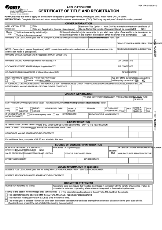 Fillable Form Vsa 17a - Application For Certificate Of Title And Registration Printable pdf